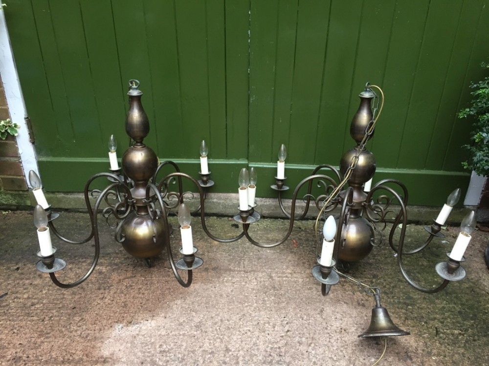 large pair of early c20th dutchstyle patinated brass 6branch ceiling lights in c17th taste