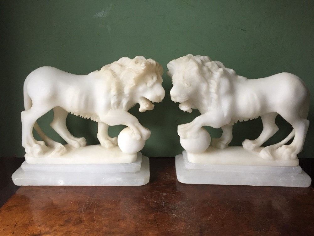 pair of late c19th italian carved alabaster 'grand tour' souvenir medici lions