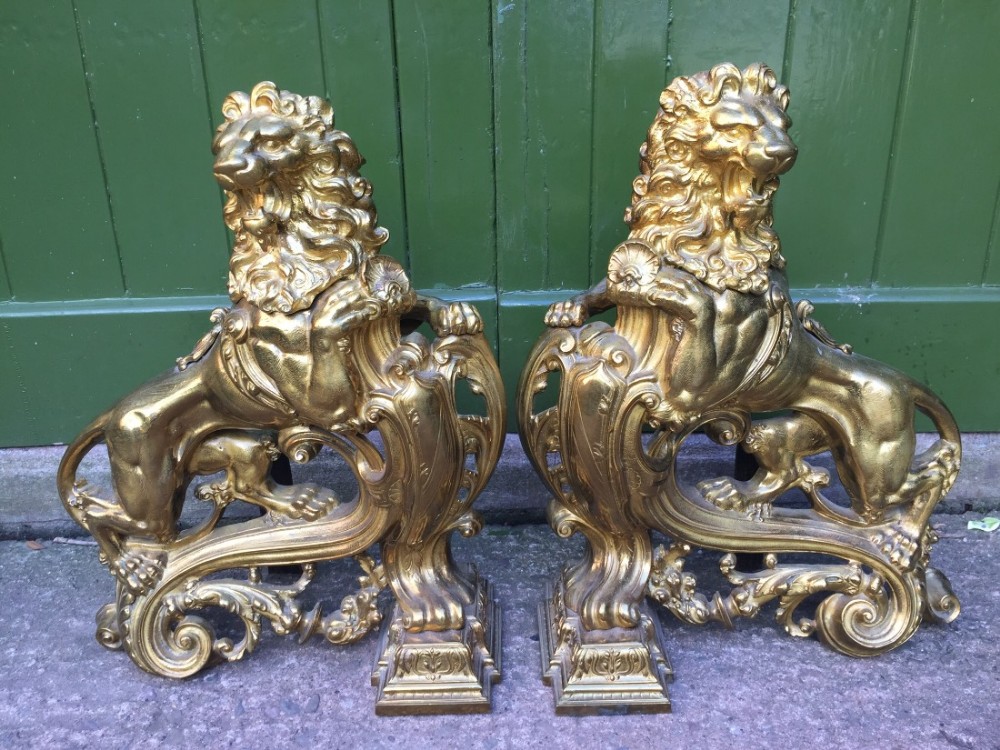 magnificent pair of largescale c19th french louis xvi style ormolu bronze fireplace 'chenets' cast as rampant lions