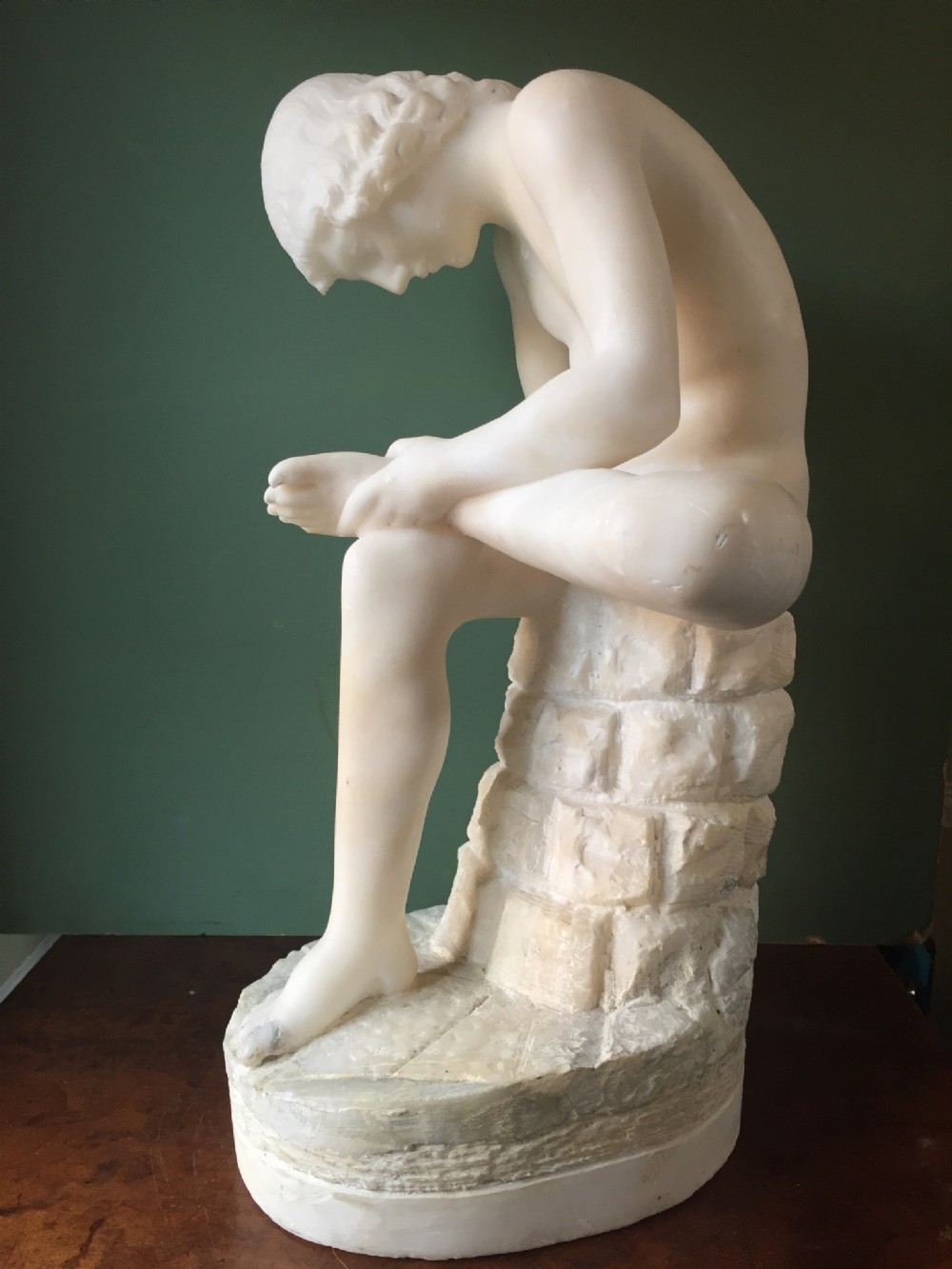 late c19th italian carved alabaster 'grand tour' souvenir sculpture after the antique of spinario or the thorn puller
