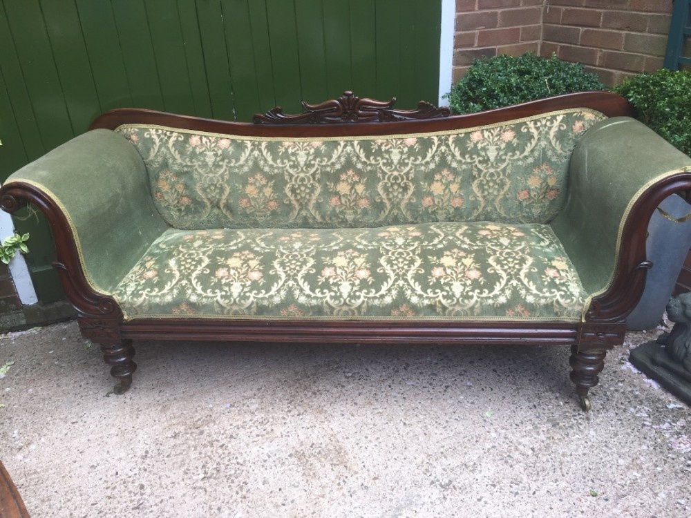 c19th william iv period mahogany framed double scrollend settee in 'as found' countryhouse condition