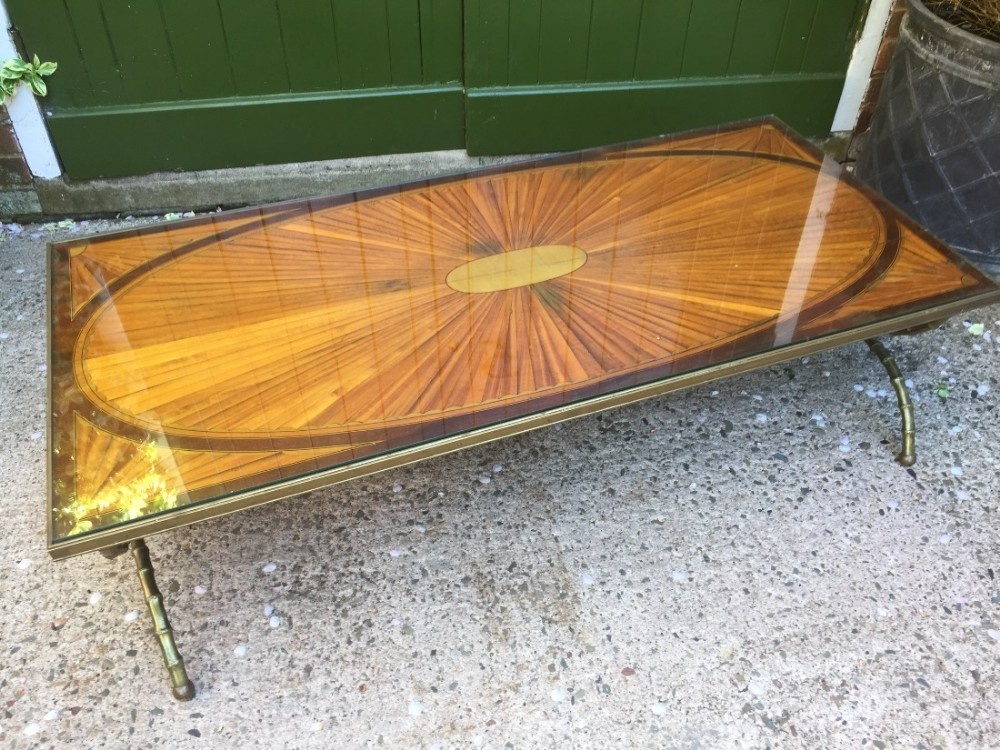 early c20th brassframed inlaid marquetry top coffee table on 'faux' bamboo style base