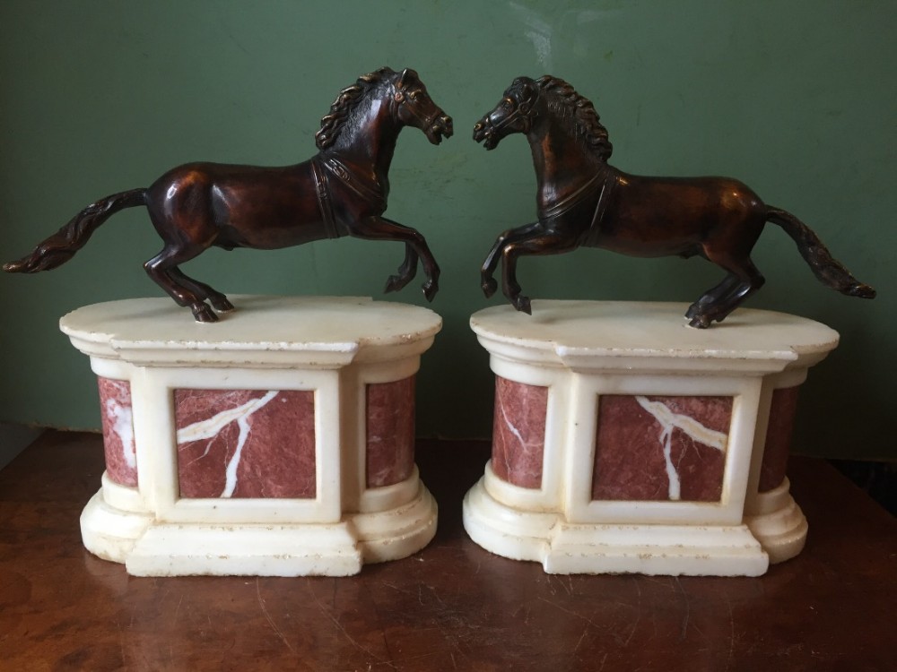 pair of c19th baroque style bronze galloping horse studies on marble plinth bases in the manner of francesco fanelli