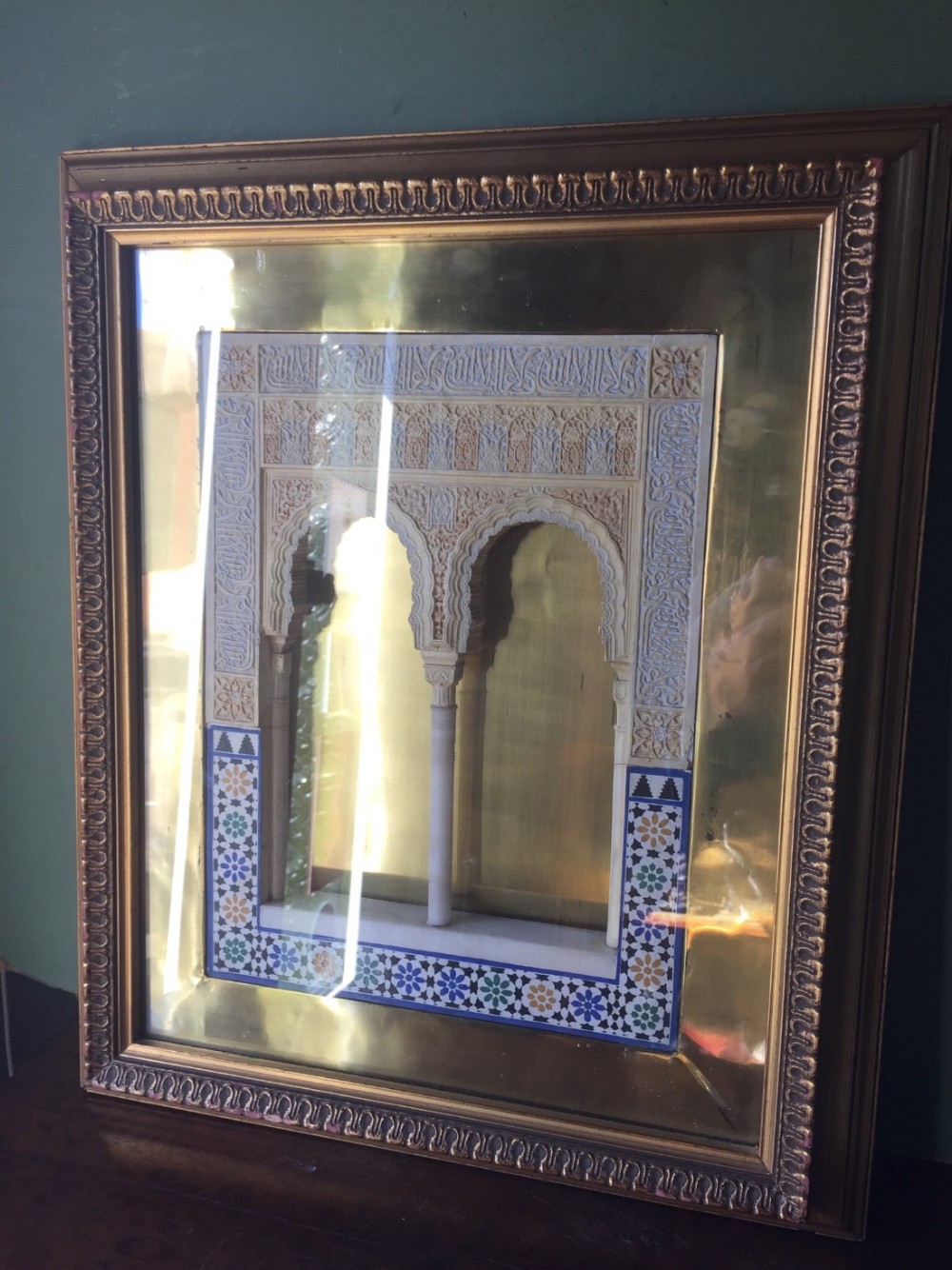 early c20th framed gesso or stucco polychrome decorated architectural plaque from alhambra