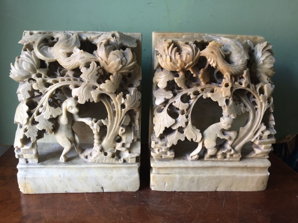 pair of large late c19th chinese carved soapstone bookends of superior quality and depth