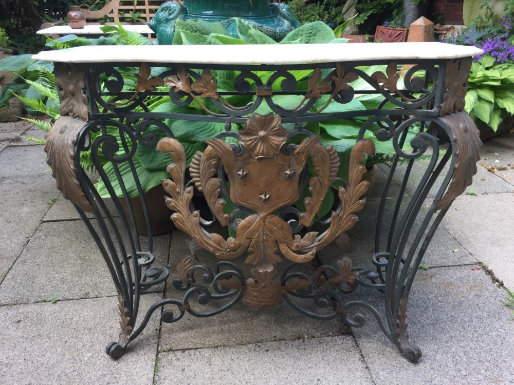 early c20th french wrought iron and bronzed tolemounted marble top console table