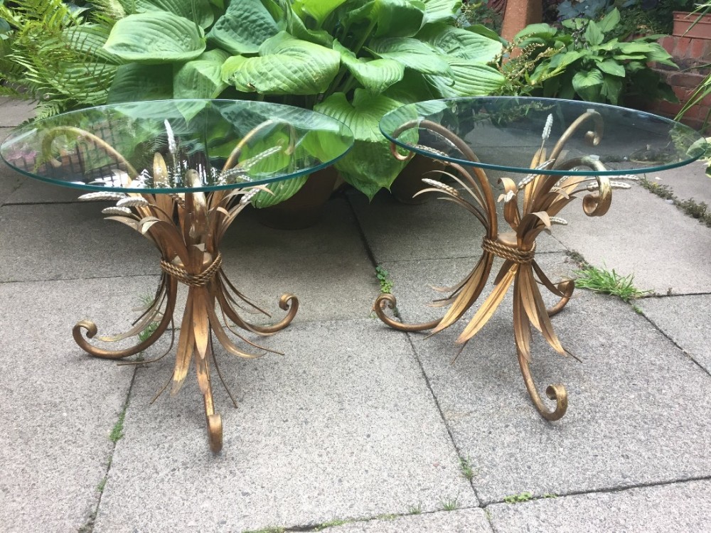 pair of early c20th gilded and silvered metal 'wheatsheaf' based occasional tables with circular plate glass tops