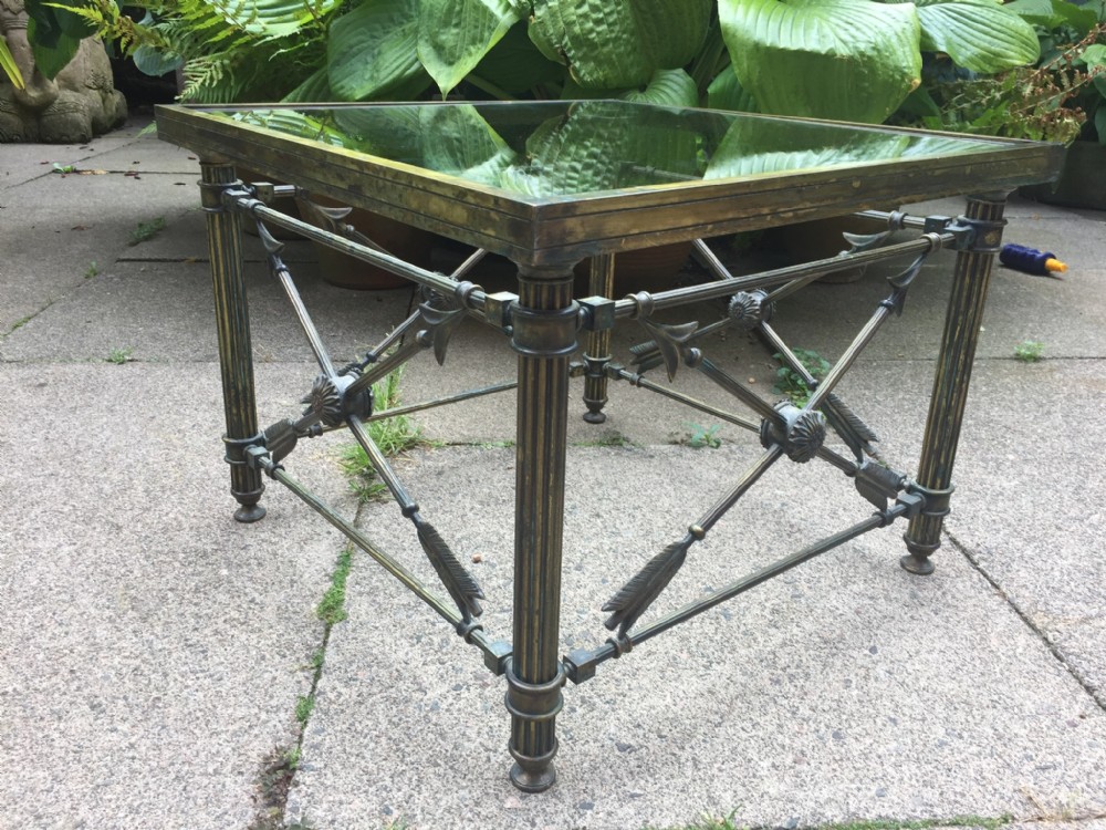 early c20th verdigris brassframed lamp table of empire design with inset glass top