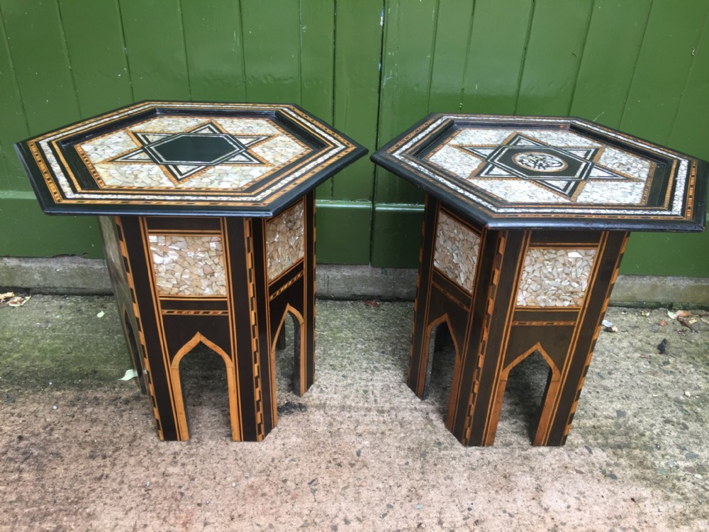 decorative 'matched' pair of late c19th inlaid syrian hexagonal side tables