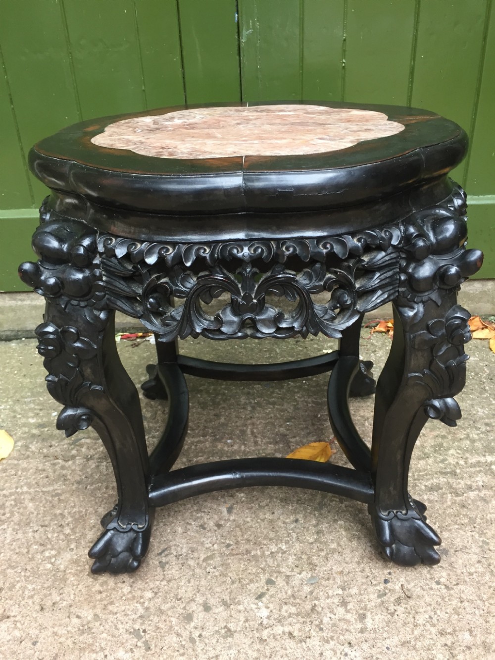 late c19th chinese qing dynasty carved hardwood framed low stand or table with shaped inset rouge marble top