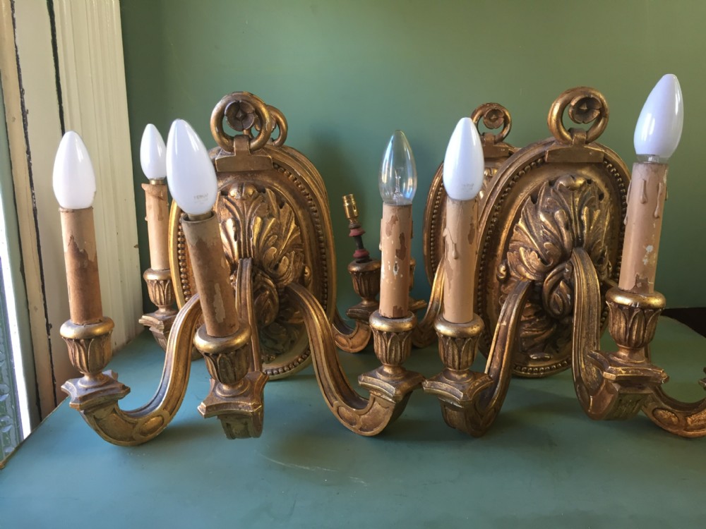 set of 4 early c20th italian carved giltwood 3branch walllights or sconces