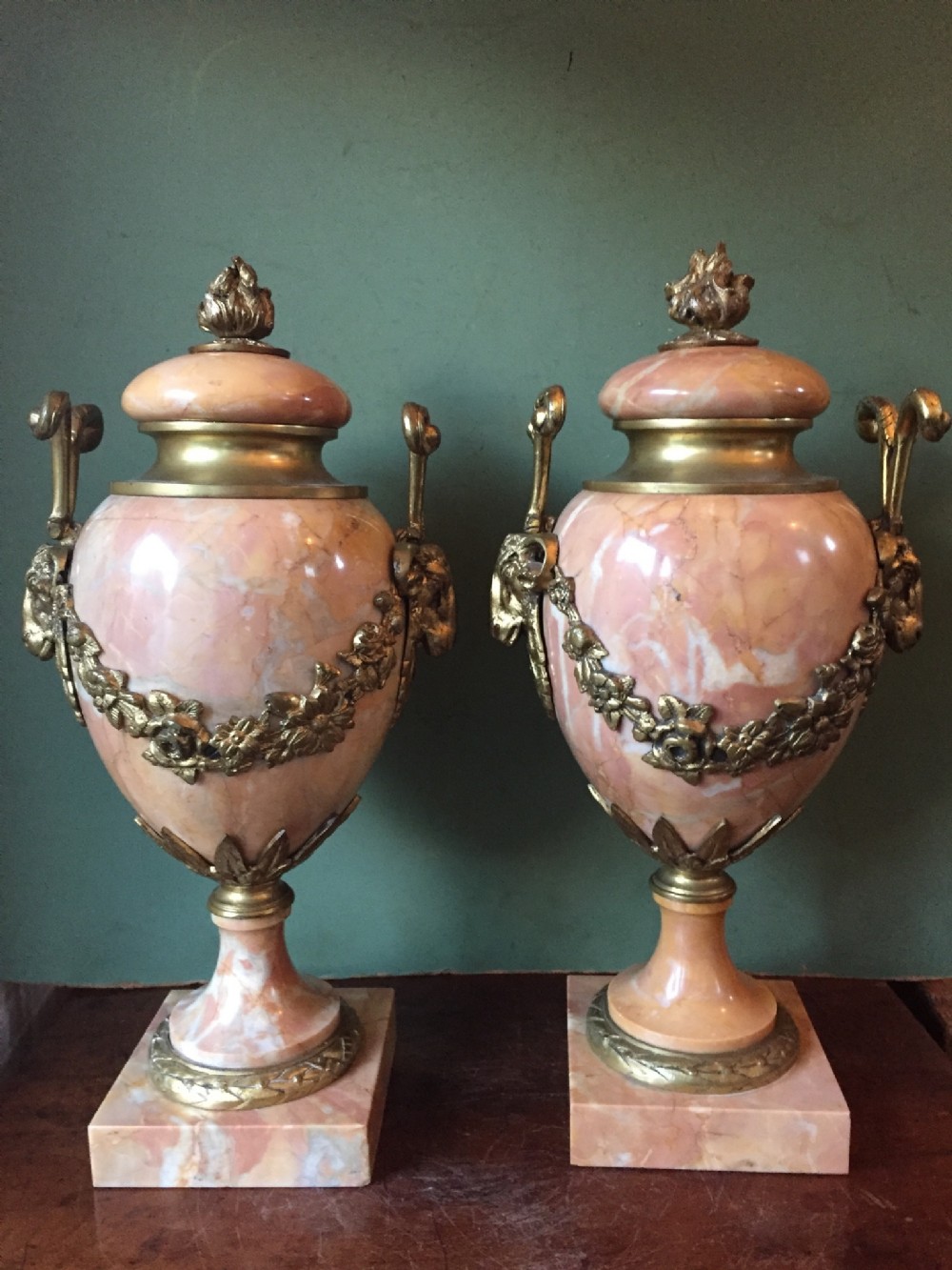 pair of early c20th french louis xvi style ormolumounted marble urns