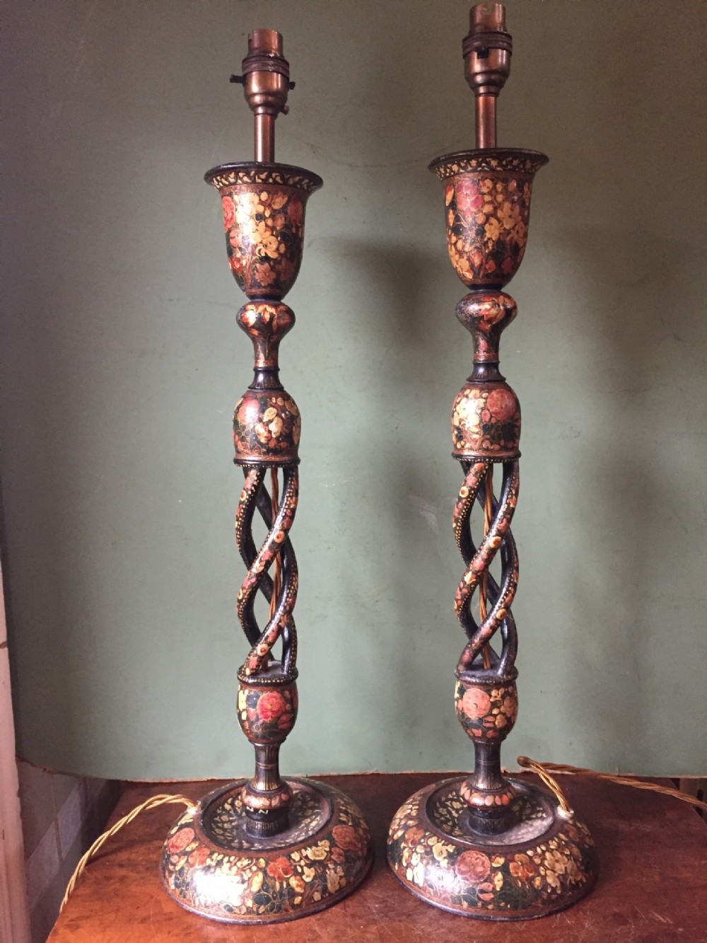 pair of late c19th decorated indian kashmiri lamps