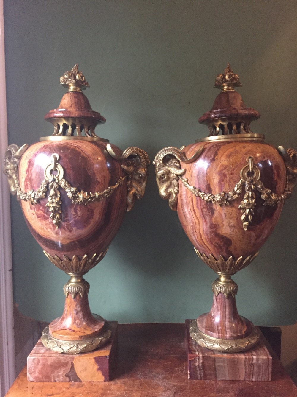 spectacular large pair of french late c19th louis xvi style 'alabastro fiorito' marble and ormolu bronze mounted vases