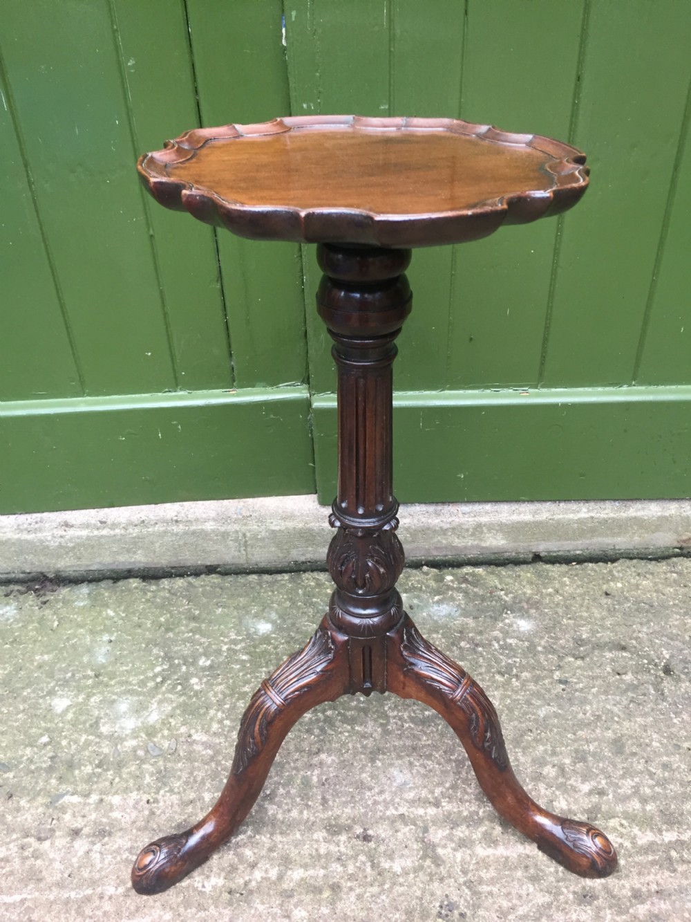 c19th carved mahogany chippendale revival tripod wine table or 'kettlestand' with 'piecrust' edge top
