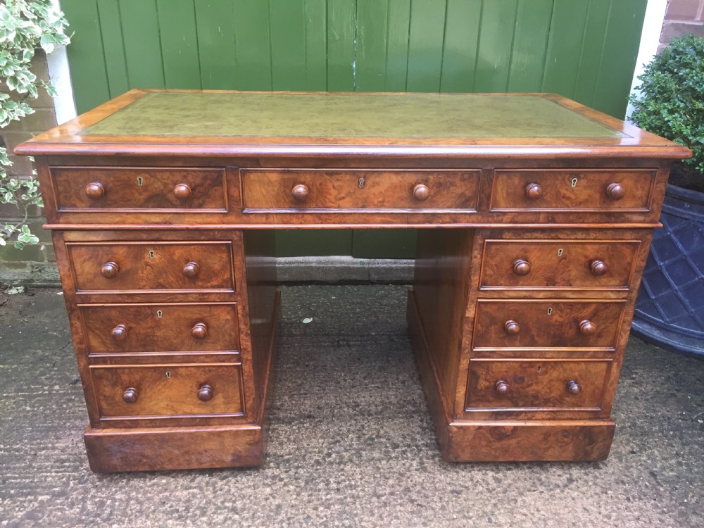 exceptional quality midc19th victorian burrwalnut pedestal desk of practical proportions