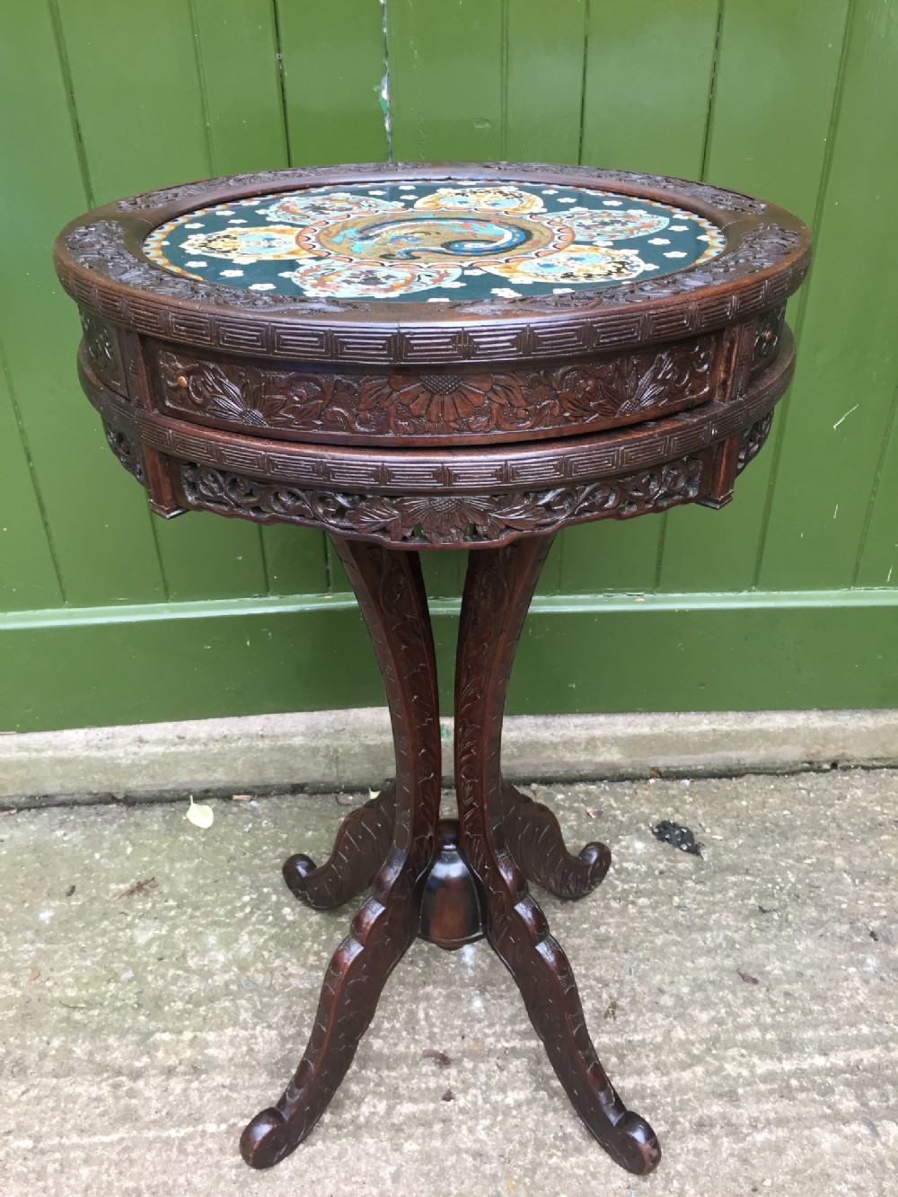 late c19th japanese carved centre or 'drum' type table with inset cloisonn enamel panel top
