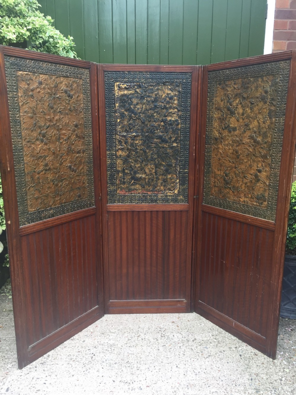 late c19th mahogany and tooled leather 3fold roomdivider or screen