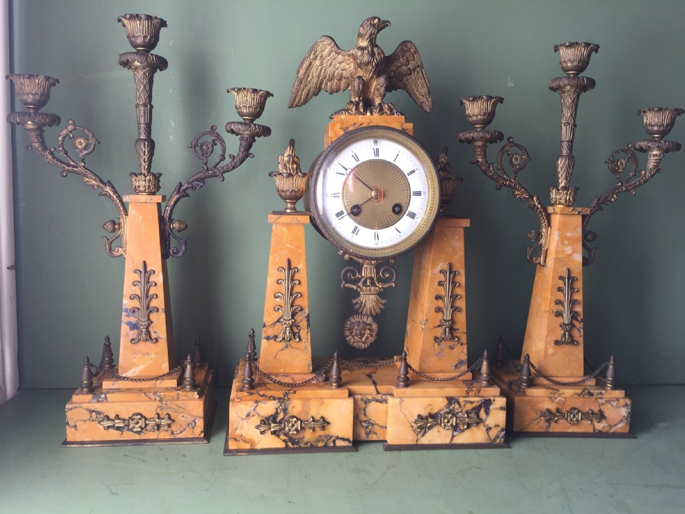 late c19th french napoleon iii period empire style siena marble and ormolu clock garniture