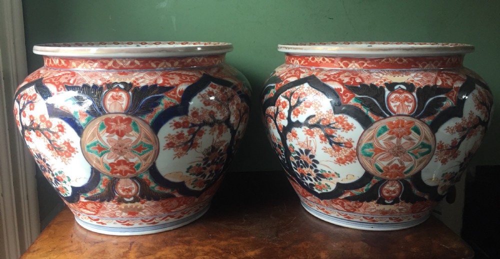 decorative pair of late c19th japanese imari pattern porcelain jardinieres