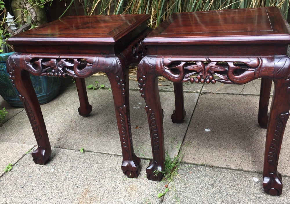 pair of late c19thearly c20th chinese carved rosewood or hardwood lamp or end tables