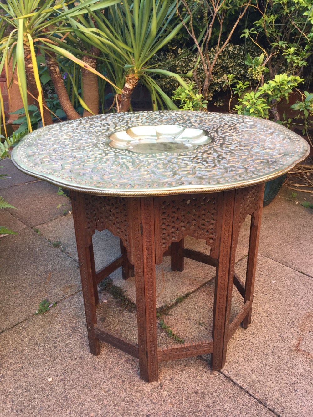late c19th indian octagonal carved teak or 'shisham' table with castbrass top