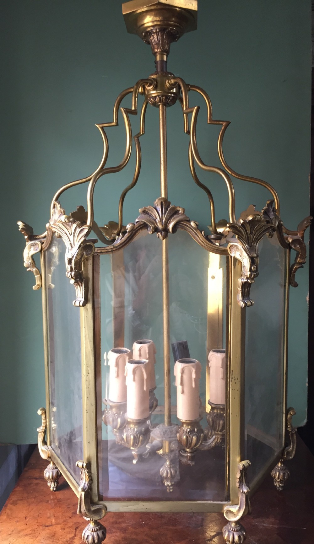 late c19th french gilded brass rococo style hexagonal hanging hall lantern of c18th regence period design