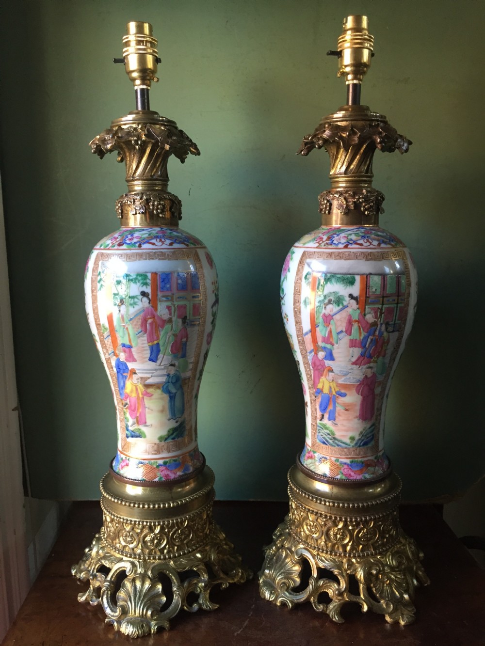 pair of largerscale mid c19th chinese ormolumounted cantonese porcelain lamps