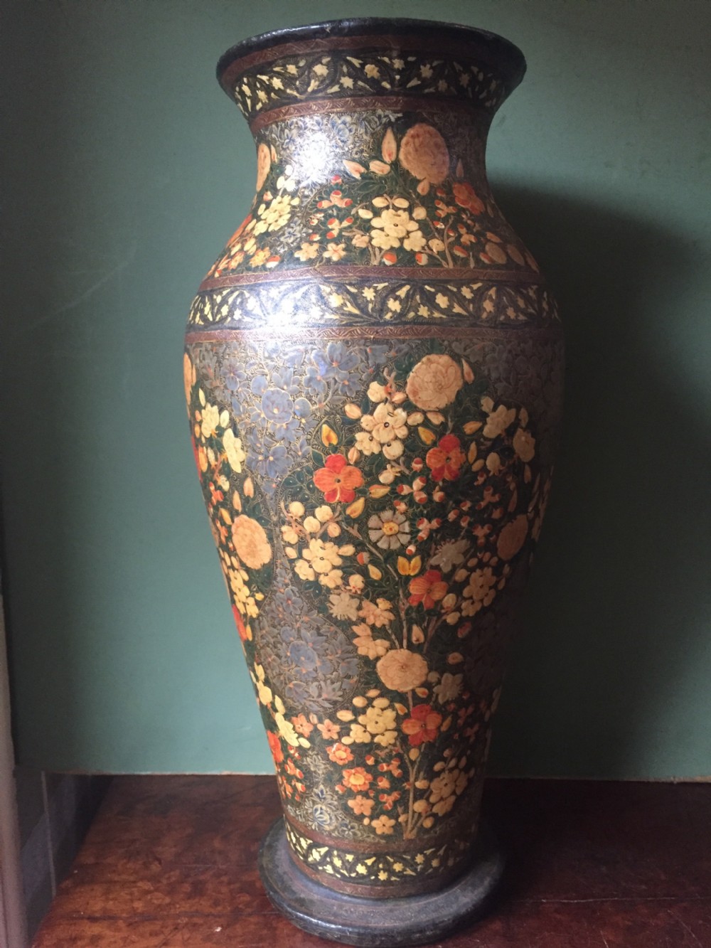 superbly decorated c19th indian kashmiri papiermch vase of large scale