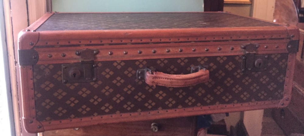 vintage 1920's french 'hardsided' suitcase in monogrammed olive canvas and leather by aux etats unis of paris