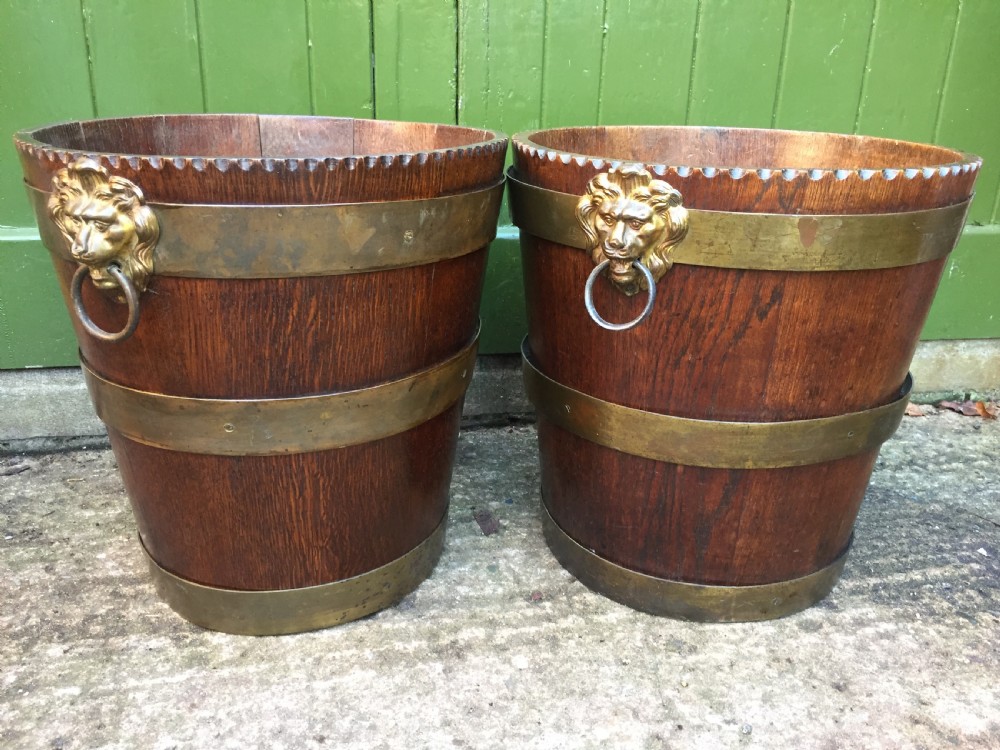 pair of early c19th brassbound oak log or peat fireside buckets fitted with brass lionsmask ring handles