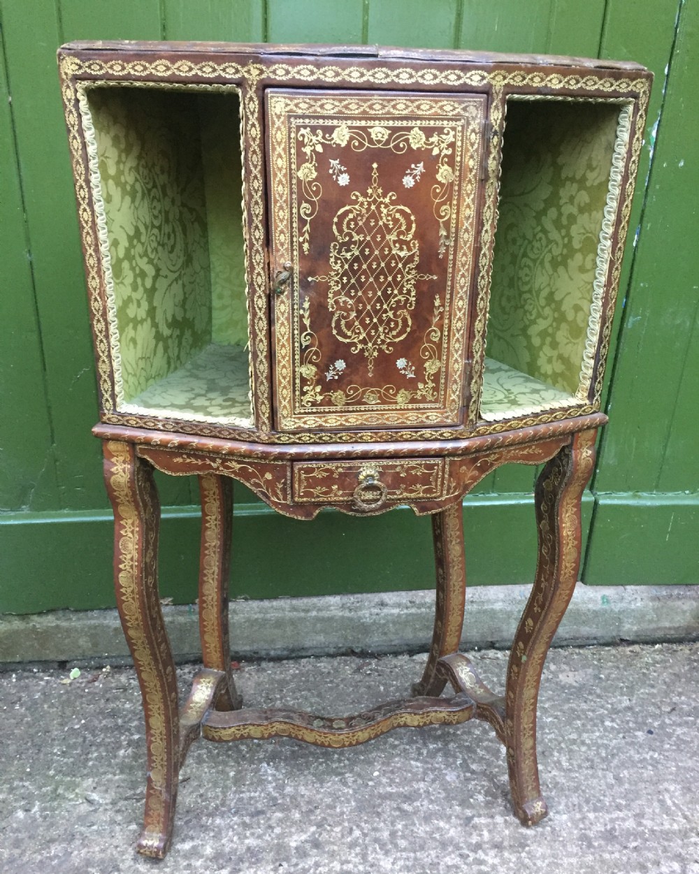 interesting early c20th french tooled leatherbound booktable with inset silkwork top