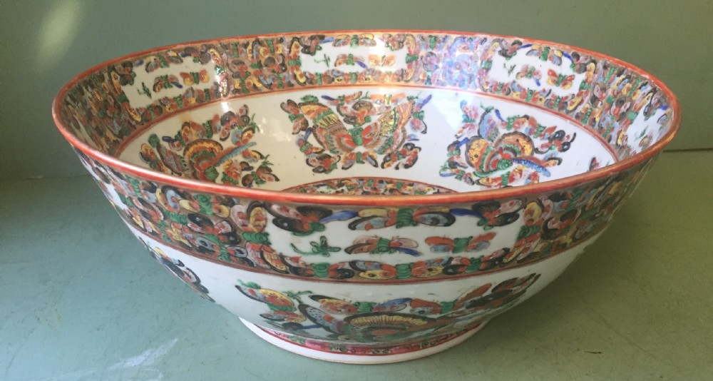 fine quality c19th chinese cantonese export porcelain enamel decorated punch bowl of good large scale with unusual butterfly designs