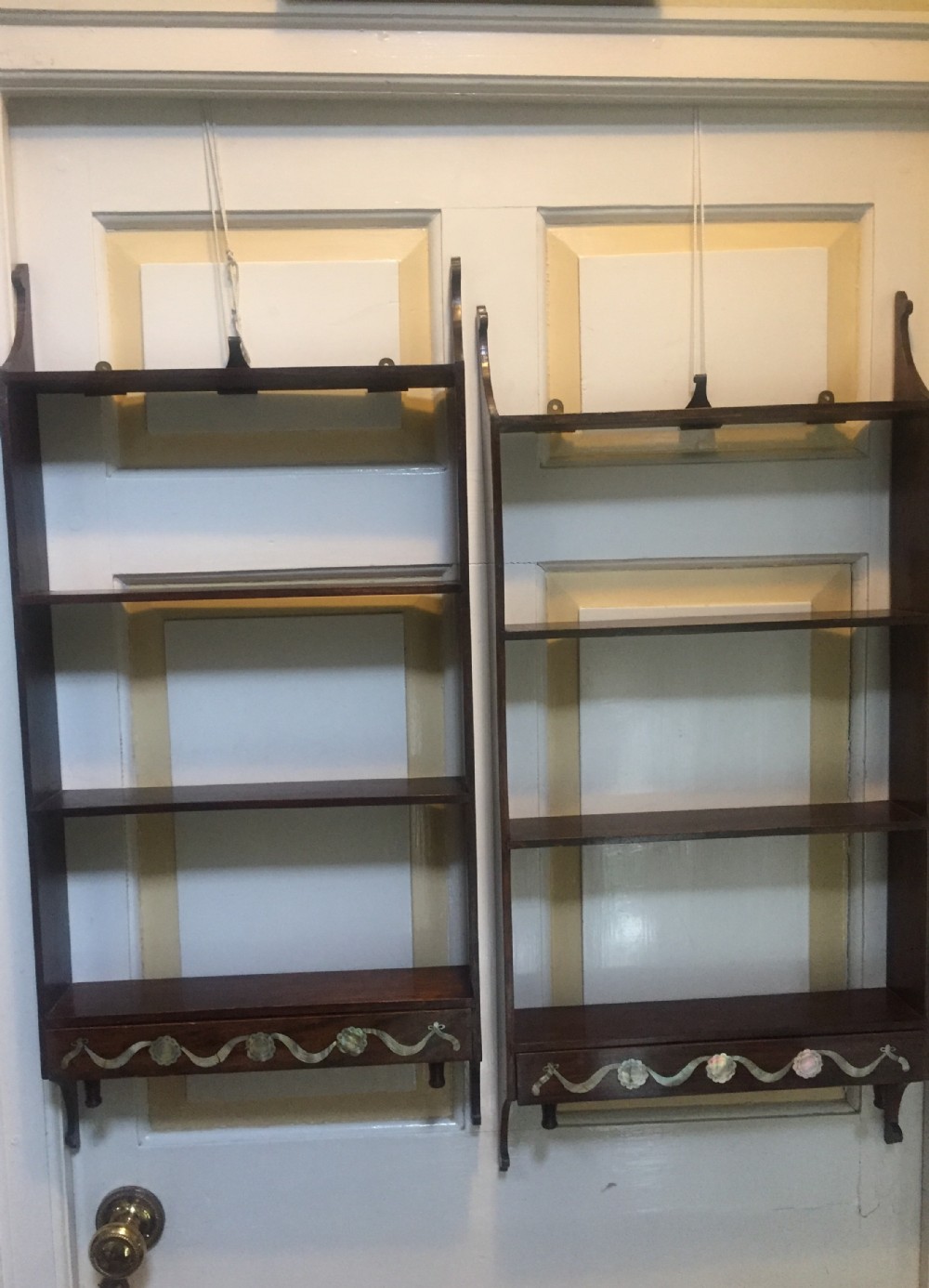 pair of decorative and useful early c20th chinese hardwood and ' mother 'o pearl ' inlaid wallhanging display shelves