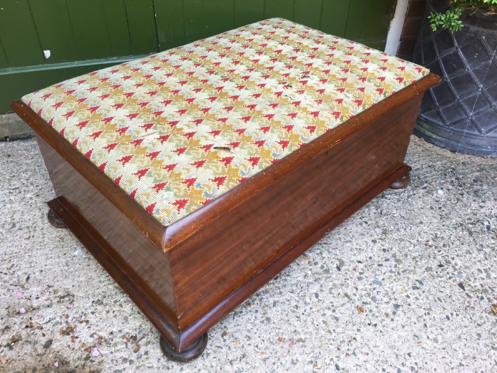 large mid c19th mahogany framed ottoman with original 'grospoint' needlework top