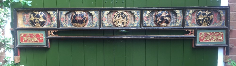 interesting and decorative c19th chinese lacquered and painted overdoor or bed panel component