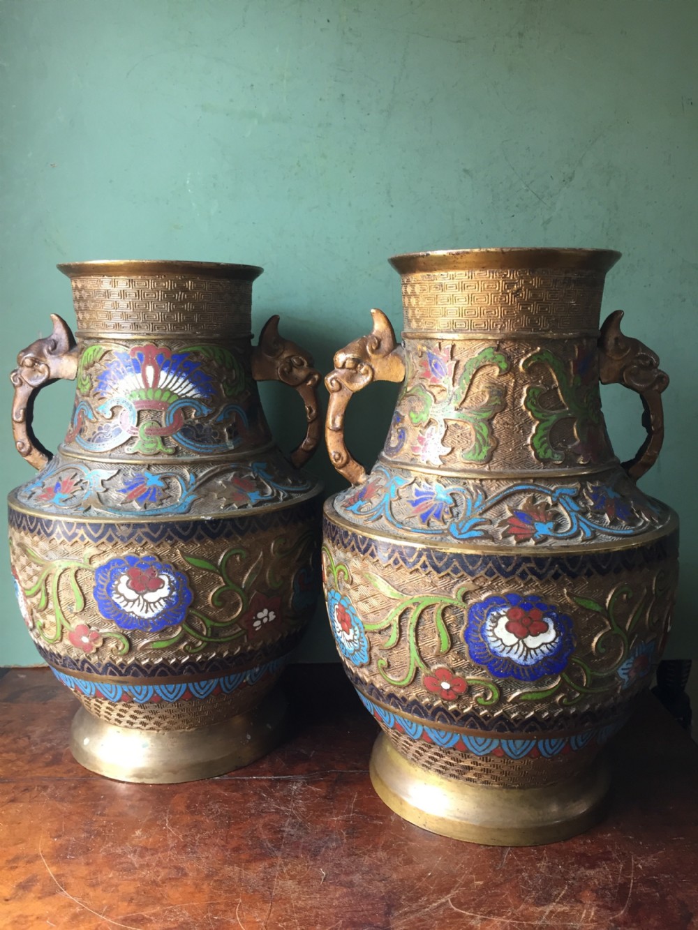 pair of decorative early c20th chinese gilded bronze and champleve enamel decorated vases