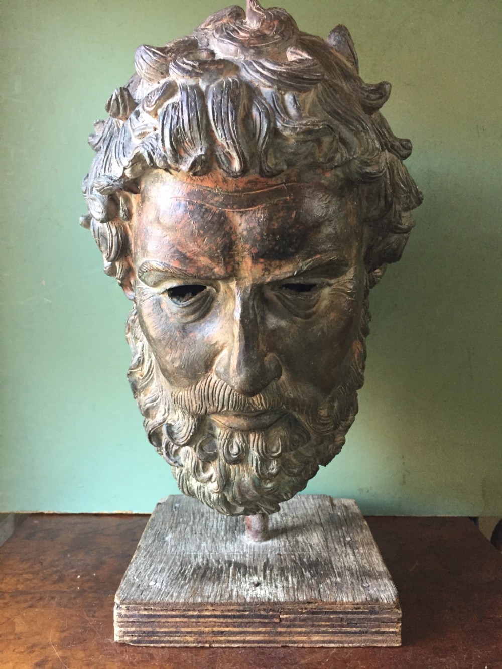 early c20th verdigris bronze bust or head study of a greek god or spartan