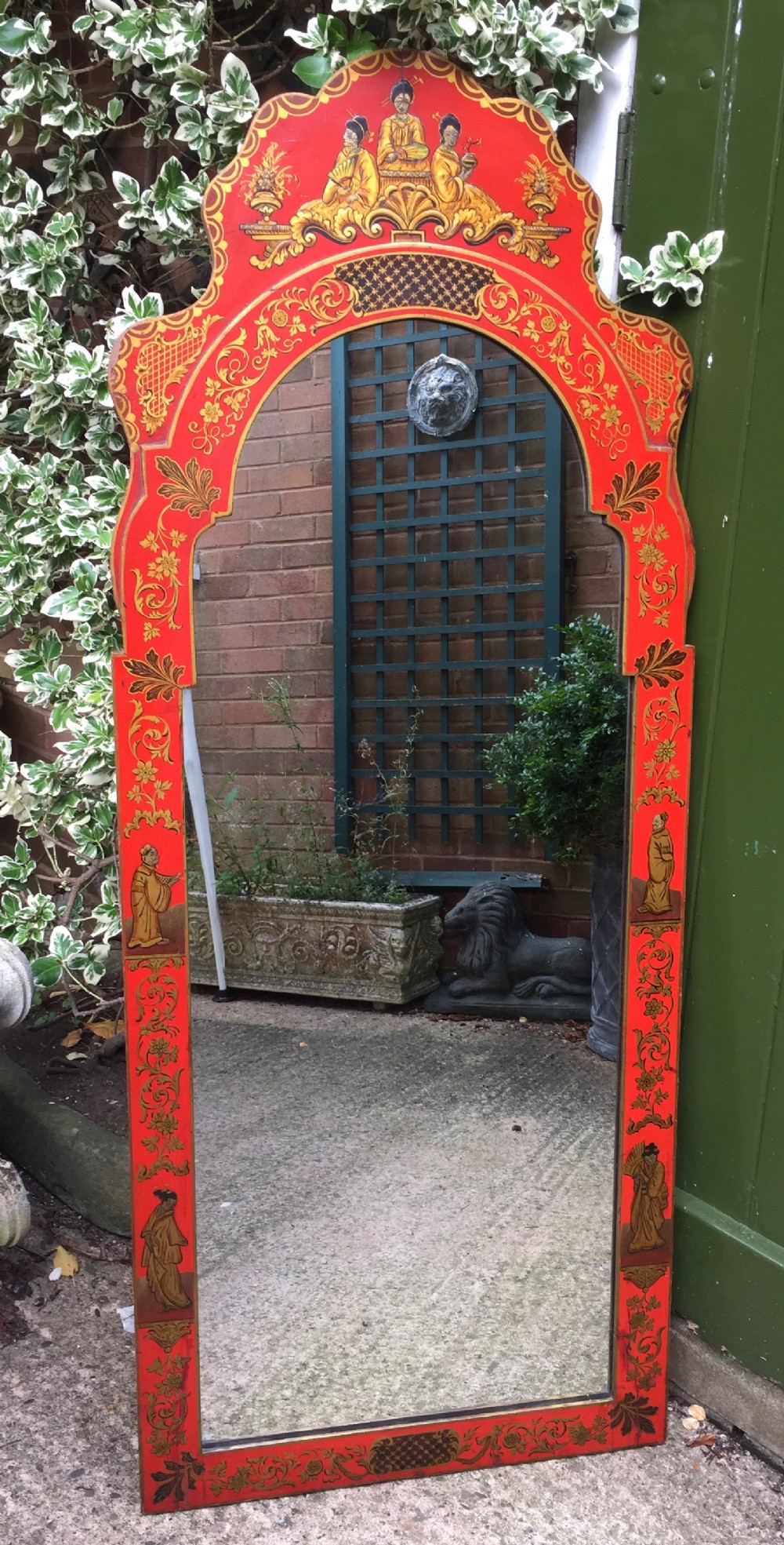 decorative late c19thearly c20th scarlet red and gilt chinoiserie design pier mirror in the queen anne taste