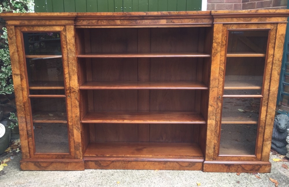 superb quality mid c19th burr walnut bookcase cabinet by gillows of lancaster