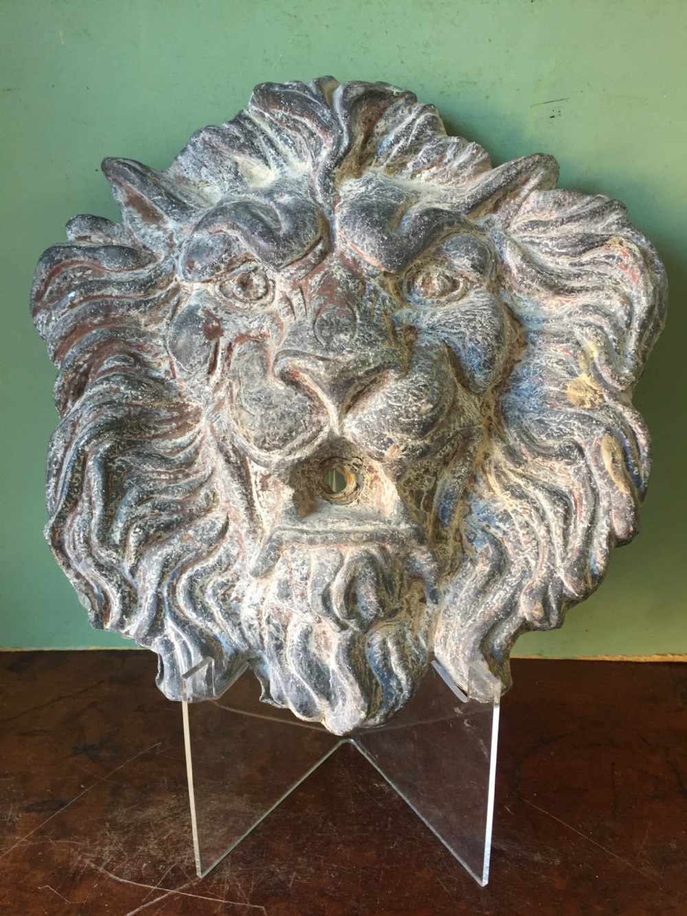 well cast and patinated mid c19th lead lion'smask wallfountain head