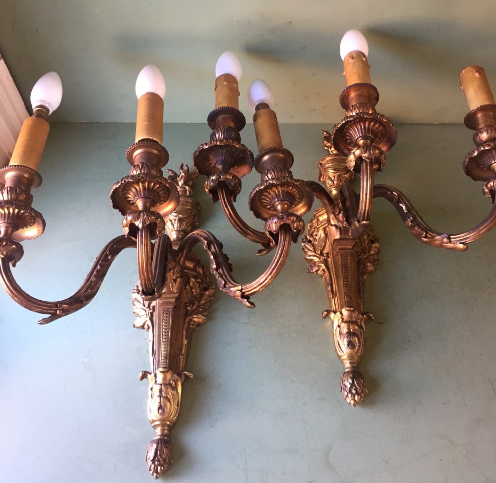 pair of early c20th french gilded brass 3branch walllights of louis xvi period neoclassical design