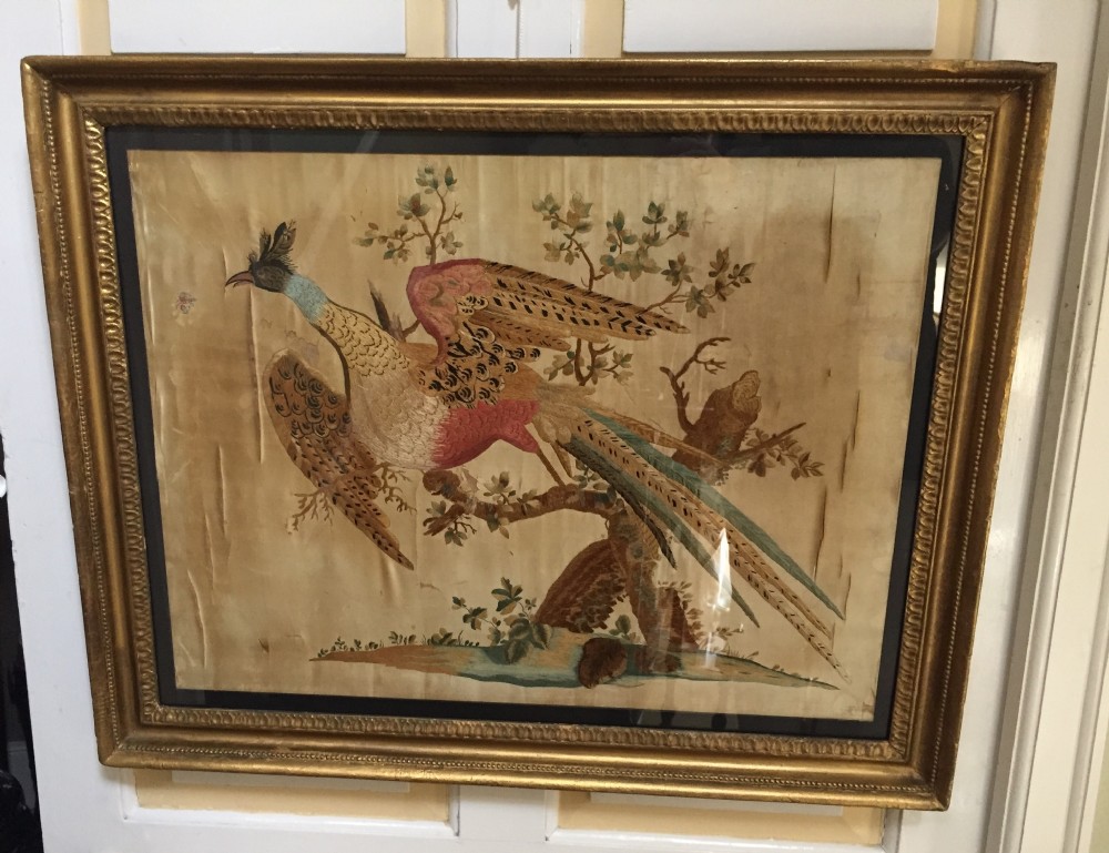 highly decorative early c19th english silk needlework picture of an exotic chinese pheasant in original giltwood frame