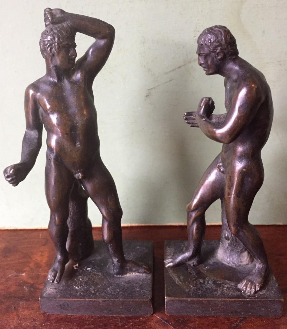 pair of c19th 'grand tour' souvenir miniature bronze figures of creugas damoxenos after canova