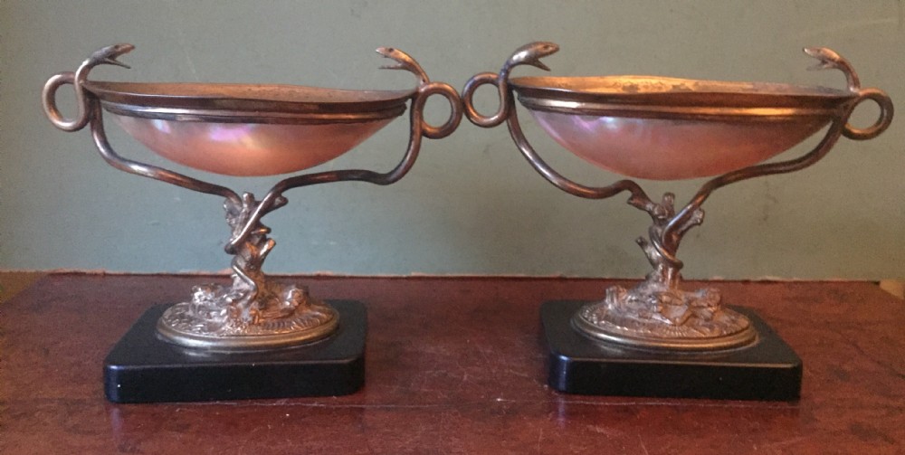 pair of c19th french gilded bronze and shell dished tazzas or bonbonires