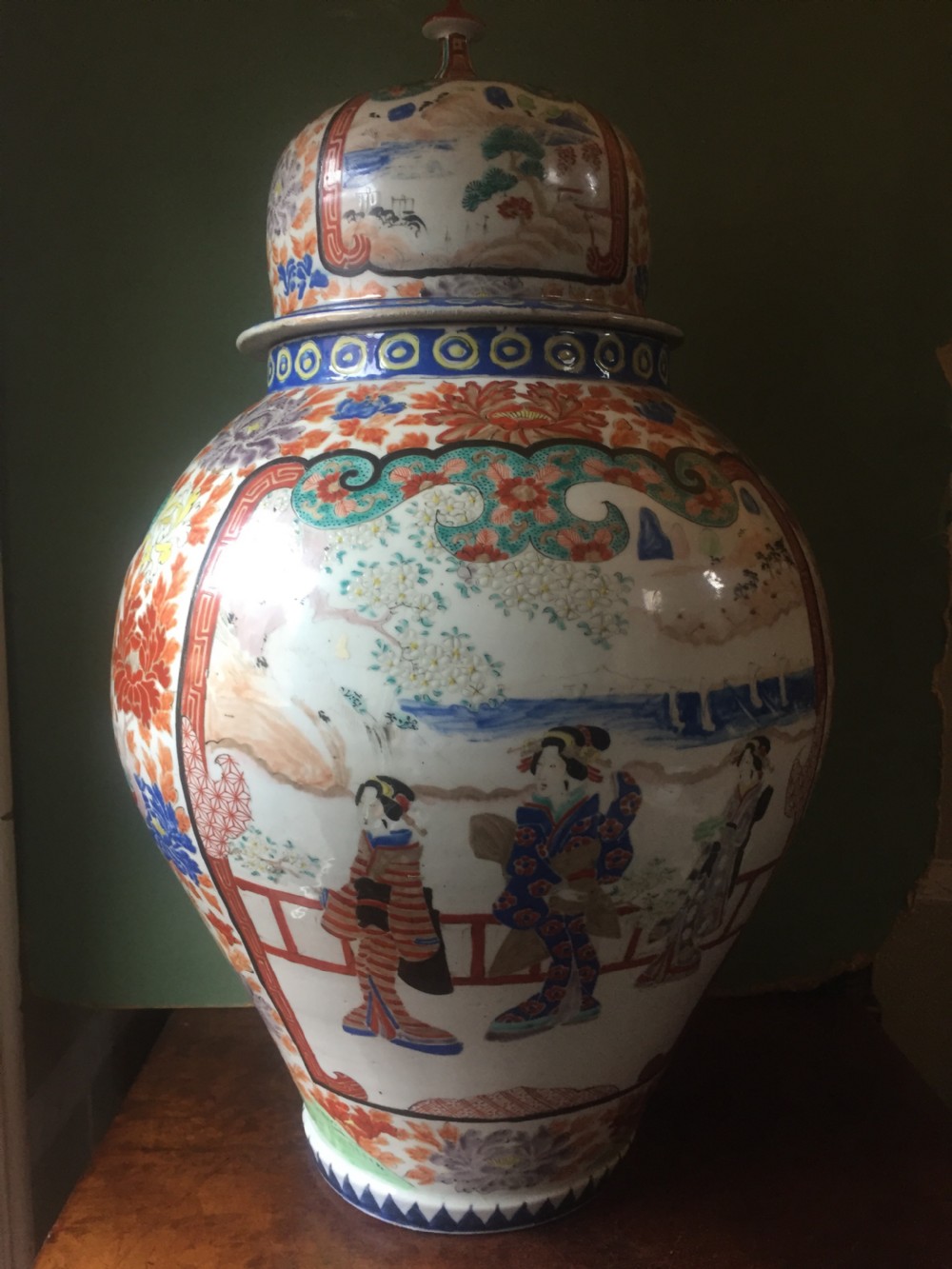 large late c19th japanese arita porcelain vase and cover decorated in the imari palette