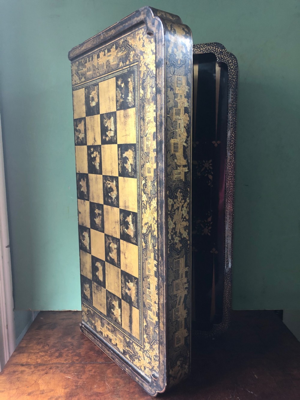 mid c19th chinese export lacquer hinged and folding games boardbox