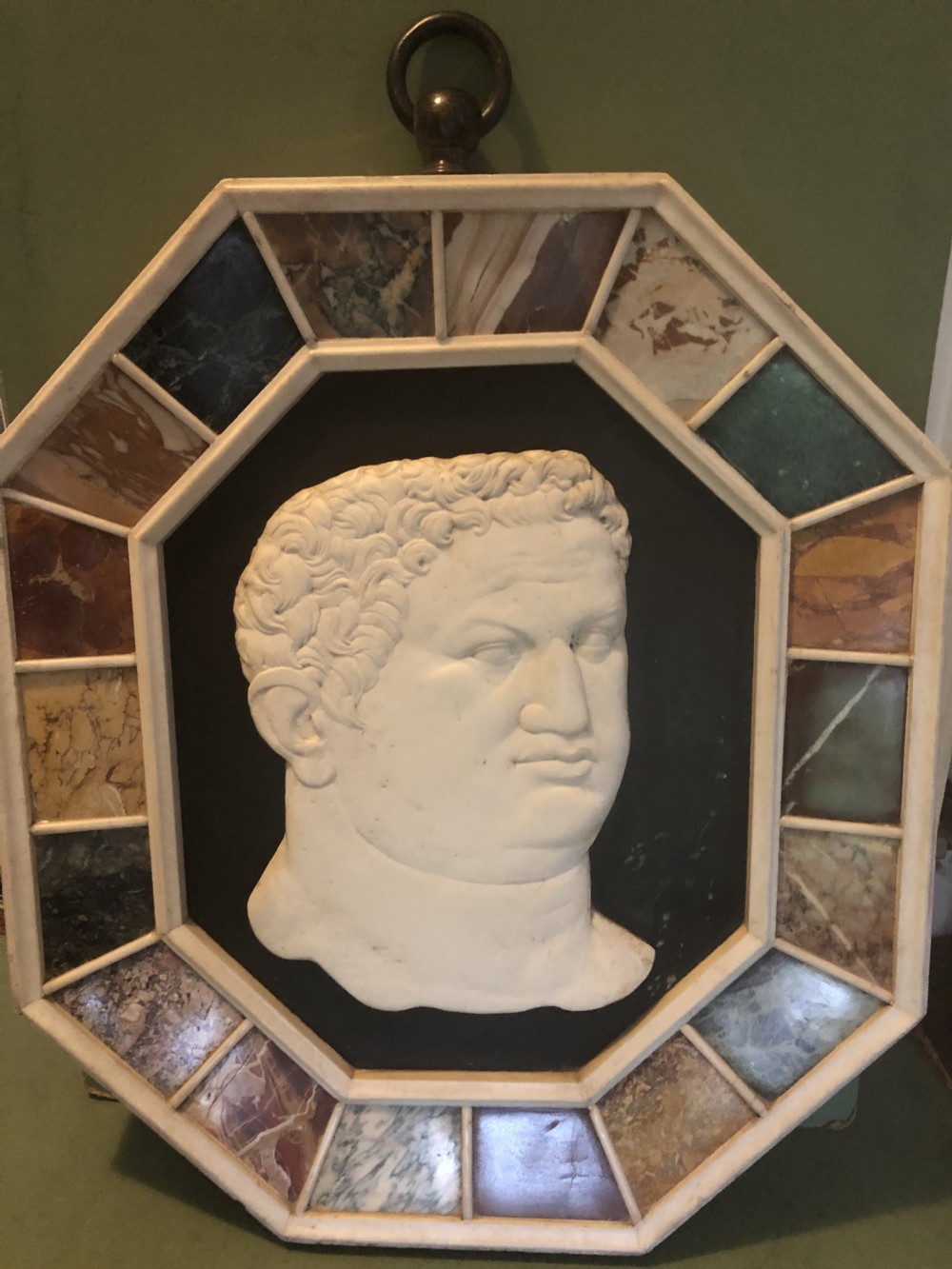 large early c20th italian grand tour style carved marble profile in octagonal specimen marble surround frame