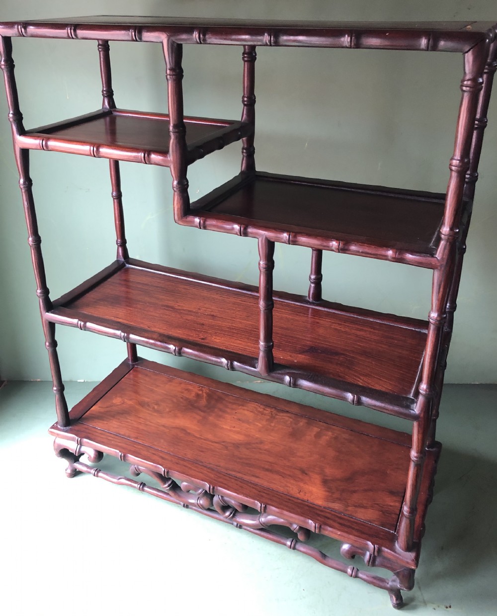 set of early c20th chinese hardwood tabletop carved hardwood display shelves