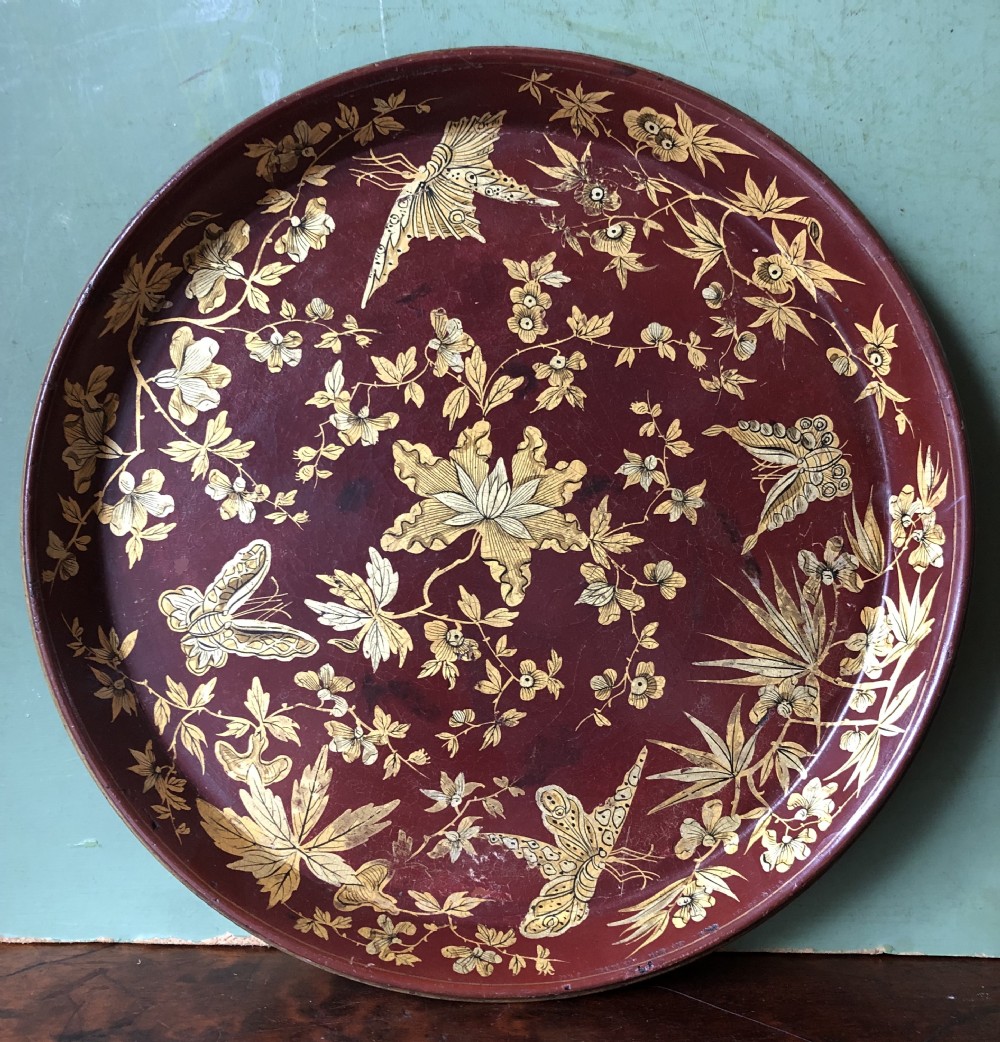 early c19th regency period maroon and gilt papiermch circular tray by clay london